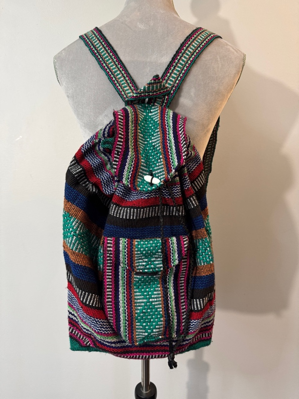 Pinzon Handwoven Green Striped Boho Backpack - Ethnic Pattern